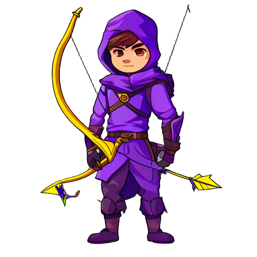 archer, wearing purple clothes and carrying a yellow bow