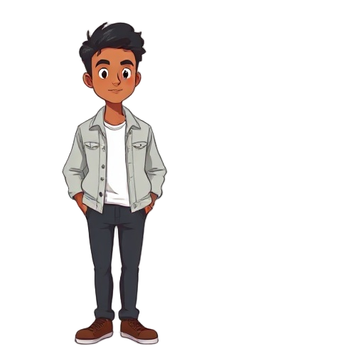 male, warm medium-brown skin, short black hair, gentle facial features, clean outline. wearing simple modern clothing: light denim jacket, white shirt, dark pants, brown shoes. soft studio ghibli influence in colors and shading. warm rose-gold and garden-