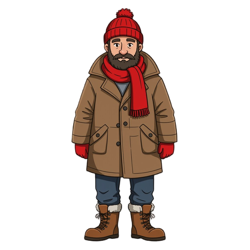 a homeless man wearing a coat, pants, boots, red, winter hat, beard and a scarf.