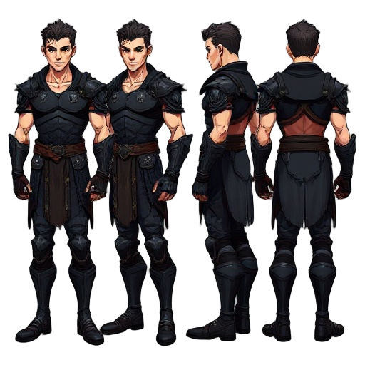 2d dark fantasy character turnaround sheet showing four full-body views: front, side, back, and 3/4 view.   character: tall, athletic male with light, defined muscles (not bulky), ideal proportions, battle-hardened appearance.  upper body slightly exposed