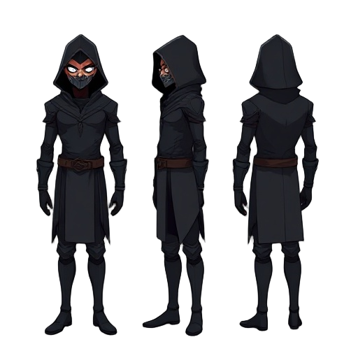 2d dark fantasy character turnaround sheet (front, side, back, 3/4 views), sprite-sheet style.  character: tall and imposing male figure, slightly elongated proportions (not chibi), with a heroic but mysterious silhouette.  face fully covered by a shadowe
