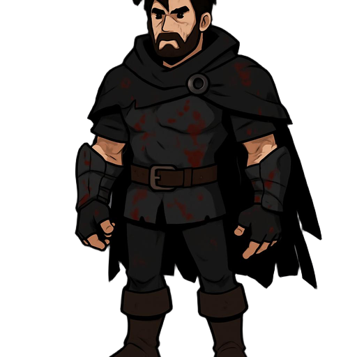 create a full character turnaround sheet (front, back, left side, right side, and 3/4 view) of a dark, mysterious male protagonist for a 2d action-metroidvania game.  the character has: - slightly muscular, ideal body proportions - light blood stains on c
