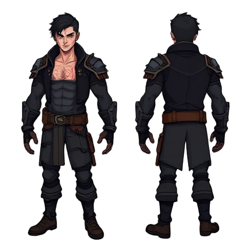 create a full character turnaround sheet (front, back, left side, right side, and 3/4 view) of a dark, mysterious male protagonist for a 2d action-metroidvania game.  the character has: - slightly muscular, ideal body proportions - light blood stains on c