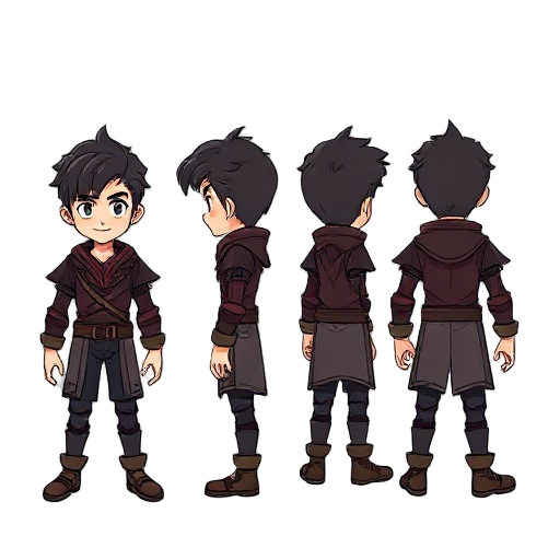 2d dark fantasy character turnaround sheet, showing the same character in four views: front view, side view, back view, and 3/4 view.  clean bold outlines, simple shading, small body with larger expressive head (chibi proportion), designed for 2d platform