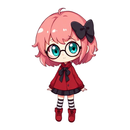 cute anime girl with short wavy pink-red hair, a large black bow, big turquoise eyes, and round glasses. wears a red long-sleeve blouse with a black ribbon, black pleated skirt, striped socks, and red boots; sometimes a long red coat. soft lines, warm col