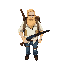 30 year old long blonde hair, blonde big beard, khaki backpack and a baseball bat on his back. white shirt, blue jeans with a bandage with his left thigh holding double barrelled shotgun