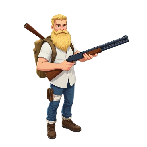 30 year old long blonde hair, blonde big beard, khaki backpack and a baseball bat on his back. white shirt, blue jeans with a bandage with his left thigh holding double barrelled shotgun