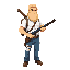 30 year old long blonde hair, blonde big beard, khaki backpack and a baseball bat on his back. white shirt, blue jeans with a bandage with his left thigh holding double barrelled shotgun