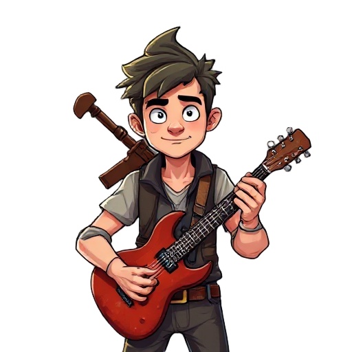 a young poor roker with a guitar as weapon on him back. him hands is empty