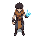 a character that is from mid-earth. in this earth there will be no weapons. people will use their punches as weapons. when they want to punch, their hand will get a blue aura. draw an in-game character.