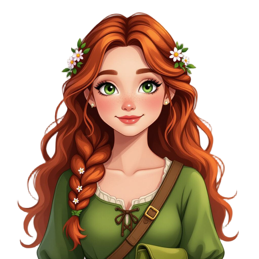 liora, a gentle forest herbalist. fair skin with freckles, long flowing auburn hair, soft green eyes. wearing a moss-green dress, herbal satchel, small flowers woven into her hair. peaceful expression.