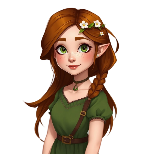 liora, a gentle forest herbalist. fair skin with freckles, long flowing auburn hair, soft green eyes. wearing a moss-green dress, herbal satchel, small flowers woven into her hair. peaceful expression. 
