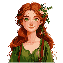 liora, a gentle forest herbalist. fair skin with freckles, long flowing auburn hair, soft green eyes. wearing a moss-green dress, herbal satchel, small flowers woven into her hair. peaceful expression. 