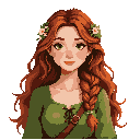 liora, a gentle forest herbalist. fair skin with freckles, long flowing auburn hair, soft green eyes. wearing a moss-green dress, herbal satchel, small flowers woven into her hair. peaceful expression. 