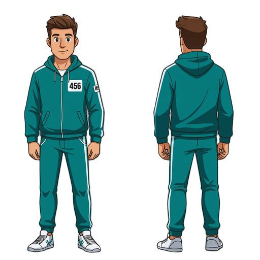sprite of a man wearing a teal green tracksuit with white stripes, number 456 patch on chest, white sneakers