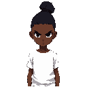 2d anime-style illustration of a slim 15-year-old black boy with deep brown skin and a stylish brazilian-style hair bun (high and tight). he has fully black eyes with no visible sclera, giving him a mysterious and intimidating aura. he wears clean white c