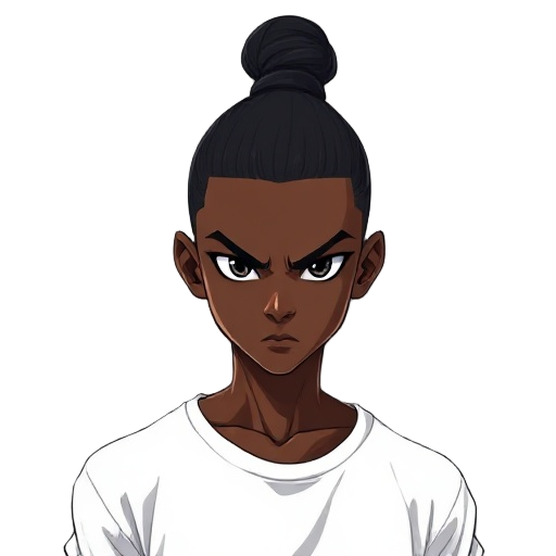 2d anime-style illustration of a slim 15-year-old black boy with deep brown skin and a stylish brazilian-style hair bun (high and tight). he has fully black eyes with no visible sclera, giving him a mysterious and intimidating aura. he wears clean white c