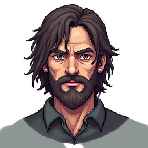 create a true 48×48 pixel-art game sprite inspired by a rugged post-apocalyptic survivor with recognizable visual traits similar to daryl dixon, without replicating any real actor’s face.   the sprite must be pixel-perfect (48×48 resolution), with no upsc