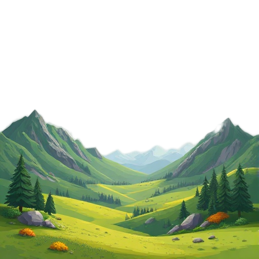 lord of the rings style valleys and meadows. background should be pixelated