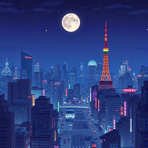 pixelated background of a city at night in tokyo