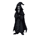 dark fantasy wizard wearing torn, midnight-black robes and a cowl. grain effect
