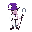 generate a atari/arcade style character with a purple magician hat, and a pink smiley mask, and a long white doctor lab coat, and grey pants. with the left hand being a handy cane like pirates hook. 