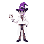 generate a atari/arcade style character (male) with a purple magician hat, and a pink smiley mask, and a long white doctor lab coat, and grey pants. with the left hand being candy cane (white and red) like pirates hook. 