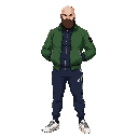 slavic man green bomber jacket ,dark blue adidas tracksuit pants , white sneakers ,beard ,bald ready to fight