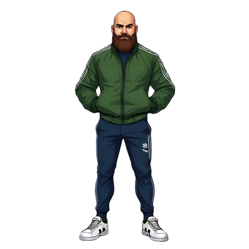slavic man green bomber jacket ,dark blue adidas tracksuit pants , white sneakers ,beard ,bald ready to fight