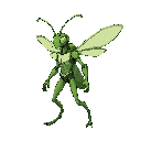 green humanoid insect warrior, with four pale wings, looking to the east, long antennae, and an armored chest, slim jointed limbs, insect head with mandibles. posed walking left, retro game style with clean shading and crisp pixels