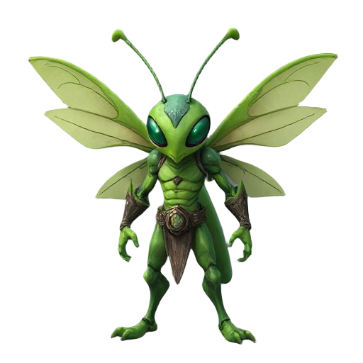 green humanoid insect warrior, with four pale wings