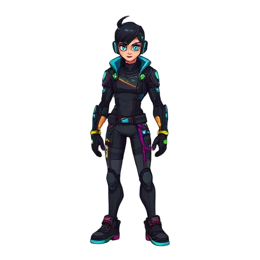  a cyberpunk crew member for my pixel-art rpg. the character should have a sleek futuristic design with neon accents, augmented implants, and a gritty cyber-city aesthetic.