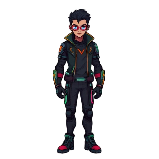  a male cyberpunk crew member for my pixel-art rpg. the character should have a sleek futuristic design with neon accents, augmented implants, and a gritty cyber-city aesthetic.