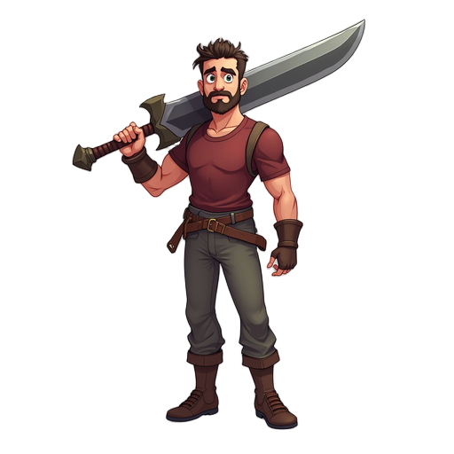 a man with big sword on his shoulder