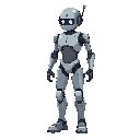 make an human with a humanoid-robot body: metal lower torso and legs, natural flesh upper torso and head. smooth metal below the belly, normal skin above. subtle face, glowing eyes. walking left with natural motion, retro game look, clean shading and cris