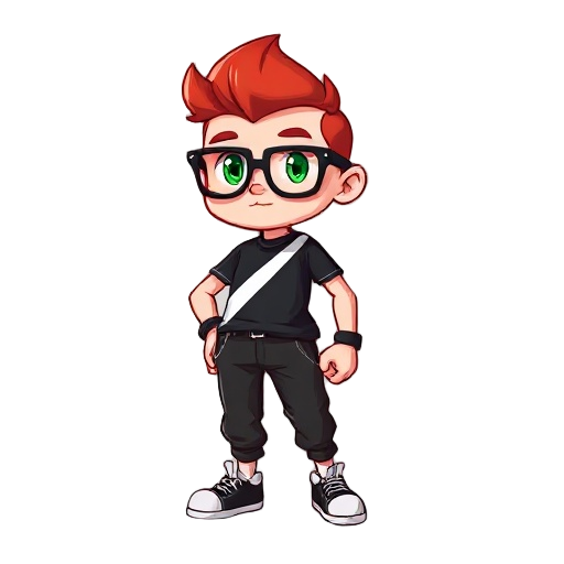  piel clara, pelo castaño puntiagudo, gafas negras con ojos verdes, boca roja. lleva remera negra y blanca en diagonal, pantalones negros con detalles blancos y zapatos negros. estilo retro con cabeza grande y cuerpo pequeño.