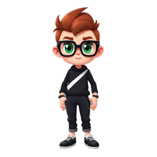  de piel clara, pelo marron  puntiagudo, gafas negras con ojos verdes, boca roja. lleva remera negra y blanca en diagonal, pantalones negros con detalles blancos y zapatos negros. estilo retro con cabeza grande y cuerpo pequeño.