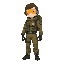 basic flight technician suit, brownish-green in color, with fluorescent orange goggles and a standard utility backpack