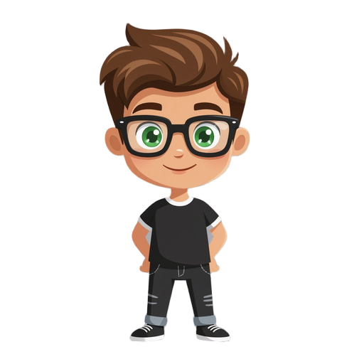 personaje  de piel clara, pelo marron cafe puntiagudo, gafas negras con ojos verdes, boca roja. lleva remera negra y blanca en diagonal, pantalones negros con detalles blancos y zapatos negros. estilo retro con cabeza grande y cuerpo pequeño.