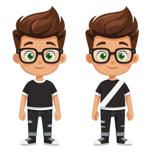 personaje de piel clara, pelo marron oscuro puntiagudo, gafas negras con ojos verdes, boca roja. lleva remera negra y blanca en diagonal, pantalones negros con detalles blancos y zapatos negros. estilo retro con cabeza grande y cuerpo pequeño.