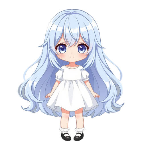 a tiny chibi girl with long, flowing silver-blue hair and soft bangs, large pale-violet eyes, and a blank gentle expression. she wears a loose white dress, frilly white socks, and black mary jane shoes, giving her a delicate, airy look.