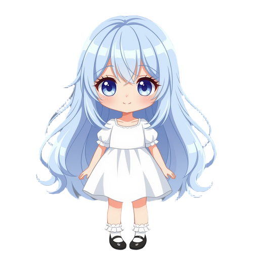 a tiny chibi girl with long, flowing silver-blue hair and soft bangs, large pale-violet eyes, and a blank gentle expression. she wears a loose white dress, frilly white socks, and black mary jane shoes, giving her a delicate, airy look.