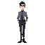 tall slender guy with glasses and dark themed. should have a shirt and a tie with trousers. 