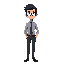 tall slender guy with glasses and dark themed. should have a shirt and a tie with trousers. 