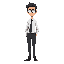 tall slender guy with a slender face with glasses and dark themed. should have a shirt and a tie with trousers. 