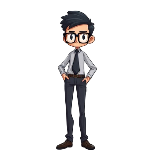 tall slender guy with glasses and dark themed. should have a shirt and a tie with trousers. 