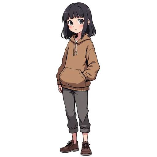 make a women in starter village cloth, standing straight facing our screen, style ink washed painting with anime styled