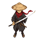 a wandering ronin samurai standing in a combat stance, holding a katana with a gleaming blade. he is wearing a weathered dark grey kimono and a traditional straw hat (sugegasa) that obscures his face. a red scarf flows slightly in the wind.
