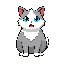 generate a cat with blue eyes redish-mouth, white head and grey fur coat