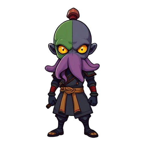 a samurai with half his face is an alien octopus with 3 yellow eyes in the left half of his face